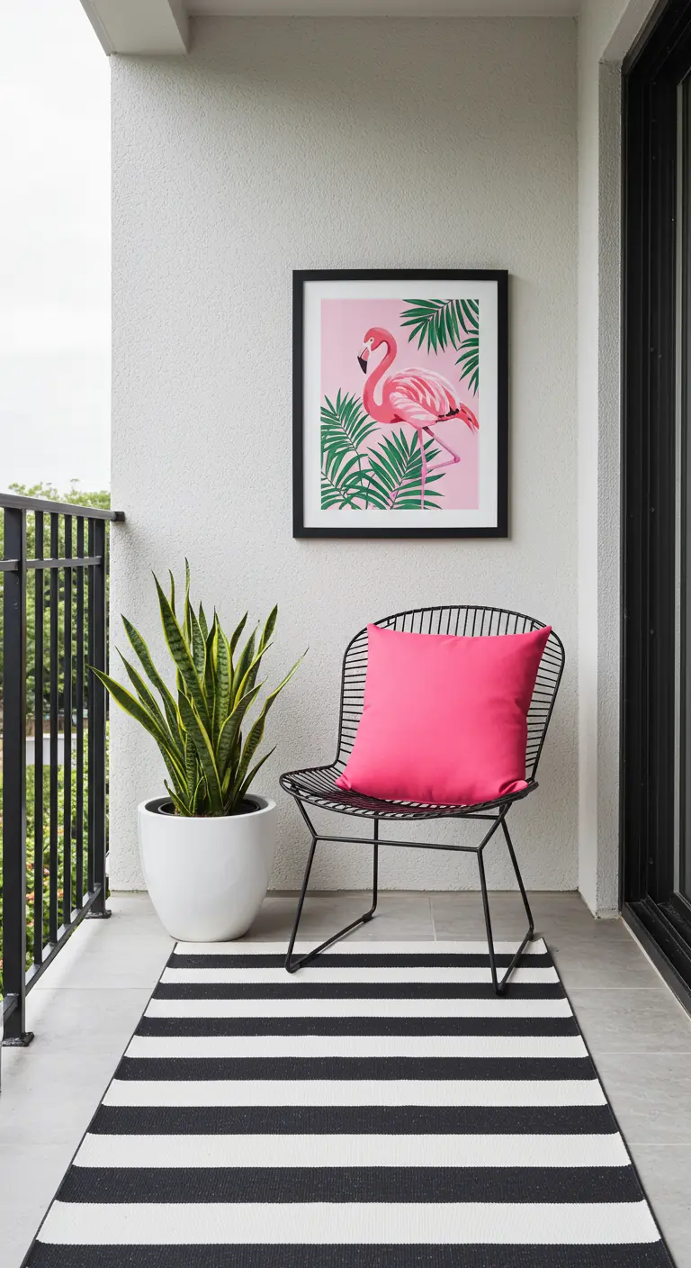 Modern balkon met een groot ingelijst kunstwerk van een roze flamingo.