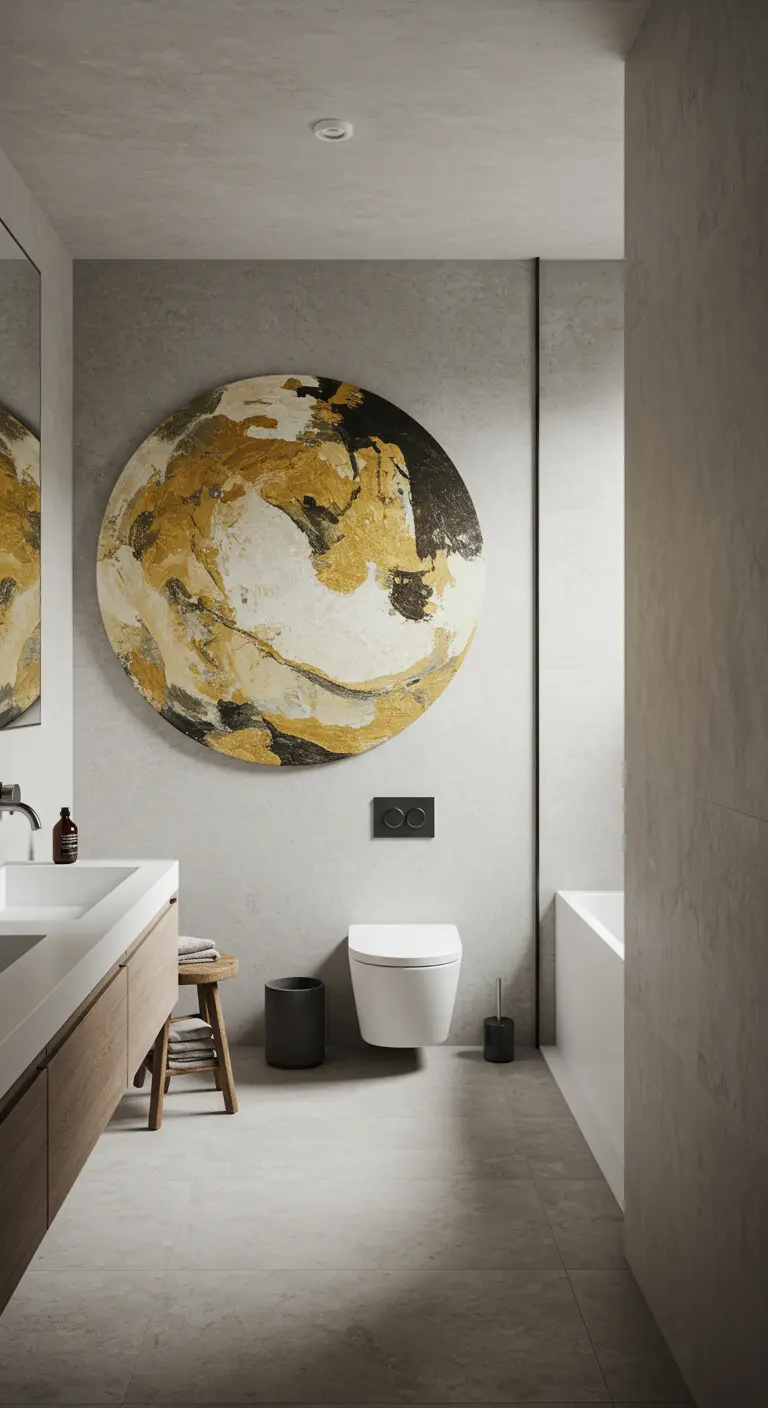 Minimalistische badkamer met een groot, rond kunstwerk in goud- en zwarttinten aan de muur.