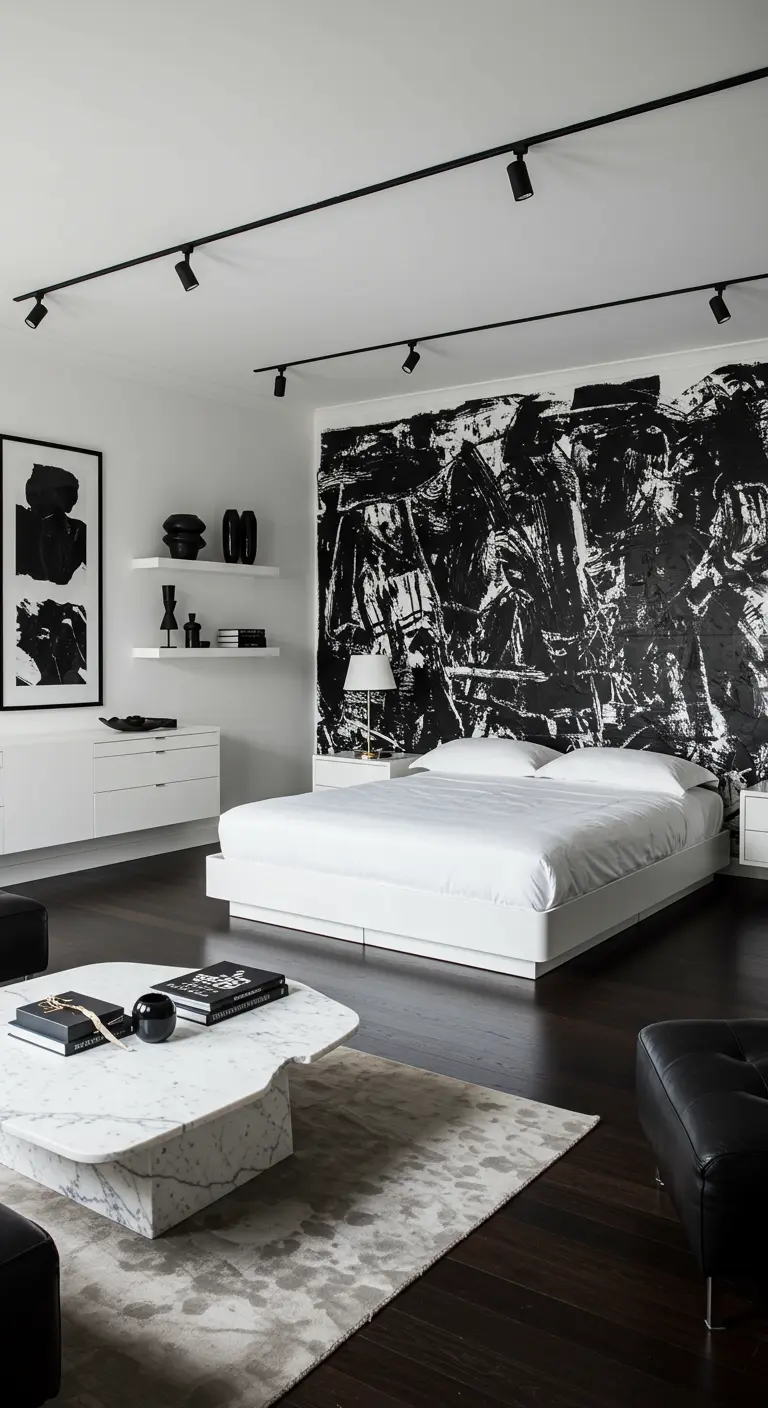 Slaapkamer met abstracte zwart-witte muurschildering, wit bed en marmeren salontafel.