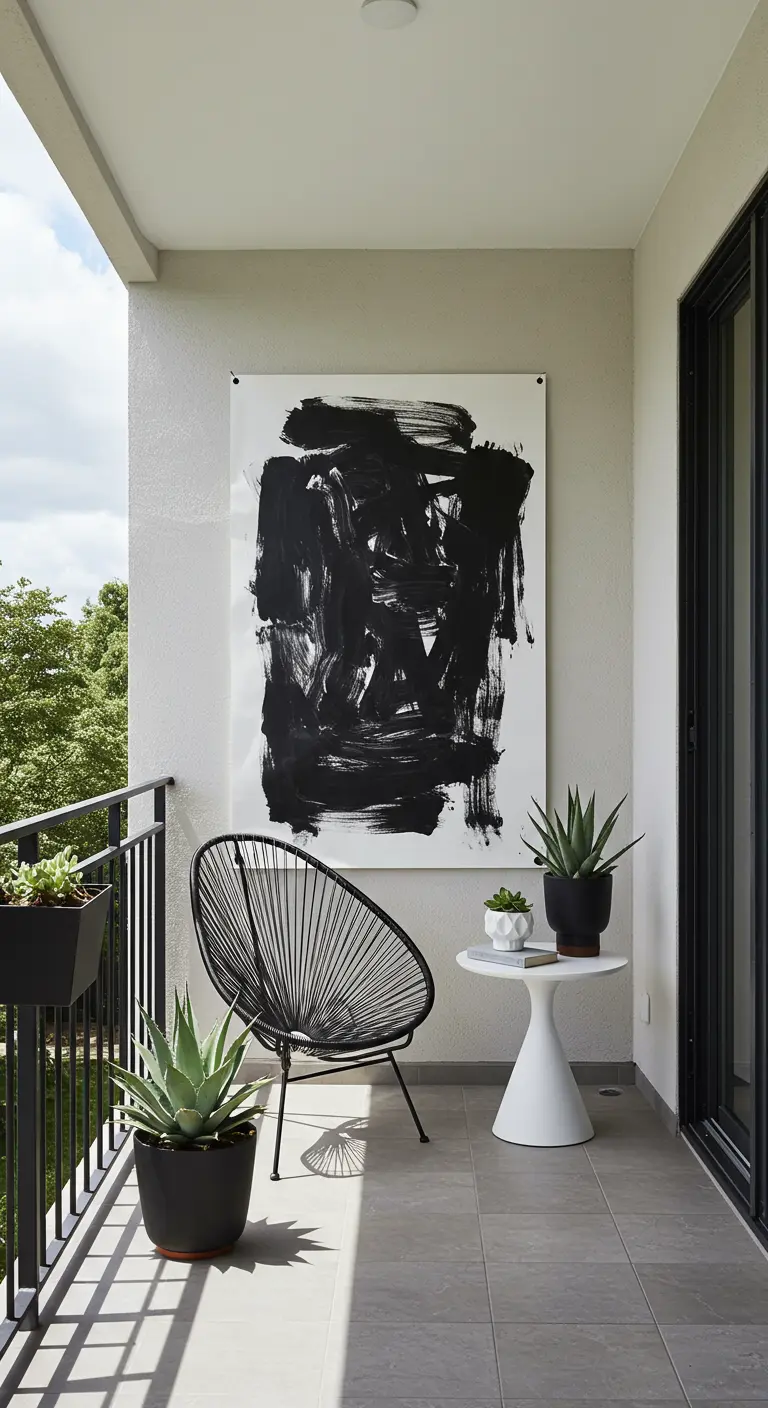Balkon met een groot abstract zwart-wit schilderij aan de muur en een zwarte designstoel.