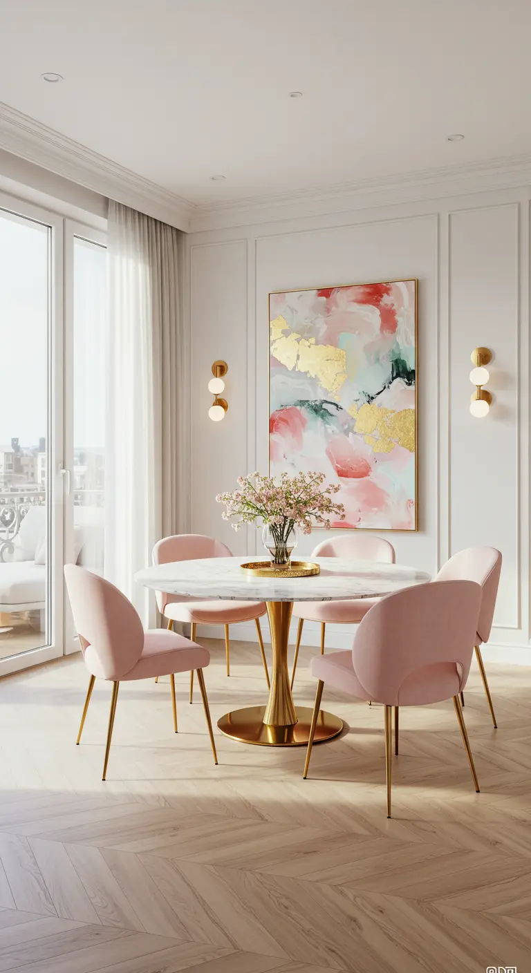 Lichte eetkamer met ronde marmeren tafel, roze fluwelen stoelen en abstract schilderij met roze en gouden accenten.