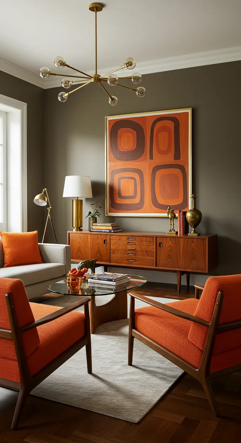 Woonkamer met groot abstract oranje kunstwerk, walnoot dressoir, grijze bank en oranje fauteuils.