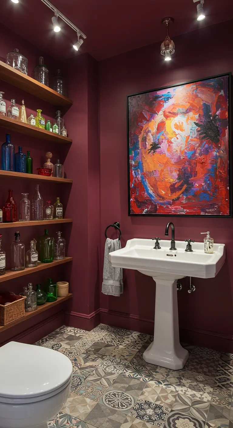 Badkamer met aubergine muren, een groot kleurrijk schilderij en een klassieke wastafel op zuil.