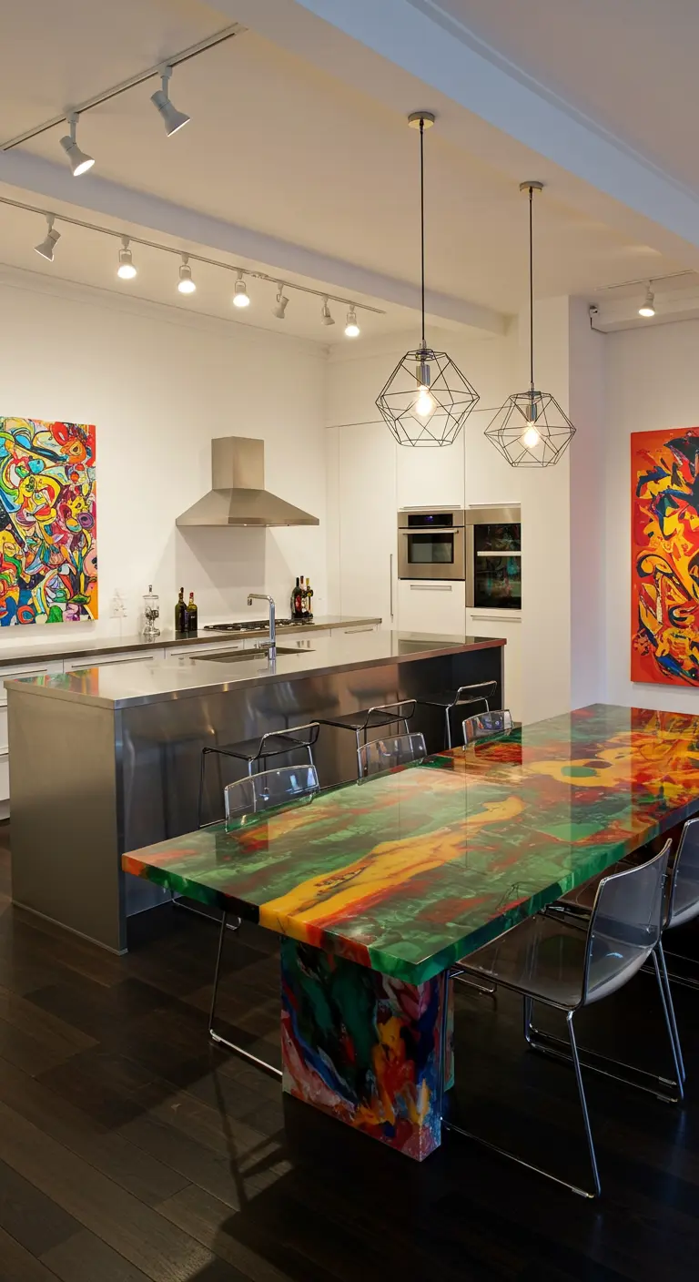 Moderne keuken met stalen eiland en kleurrijke kunst aan de muur, met bijpassende eettafel.