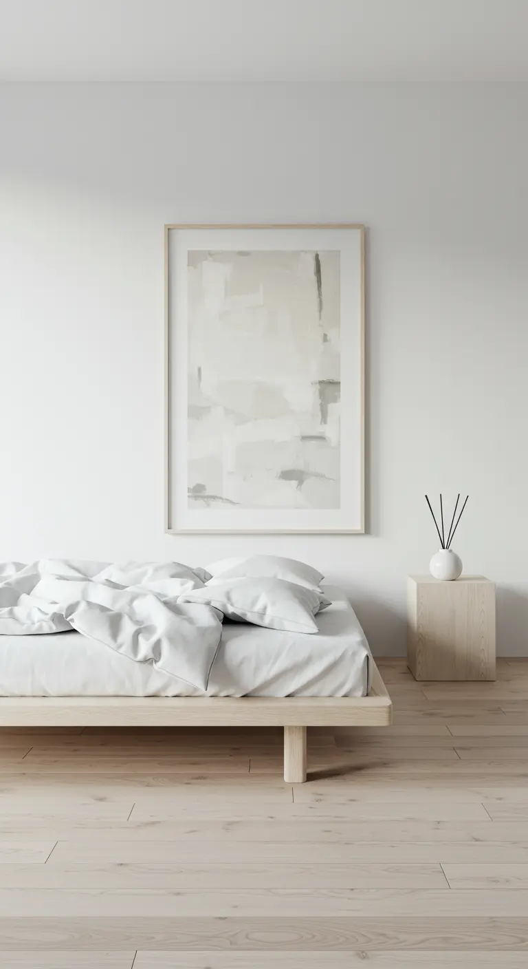 Slaapkamer met houten bed, wit beddengoed, abstract kunstwerk en diffuser.