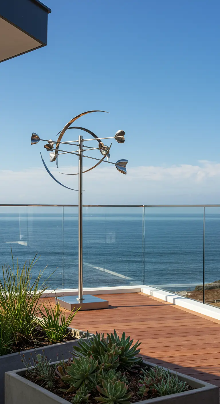 Metalen windsculptuur op een houten balkon met glazen balustrade en uitzicht op zee.