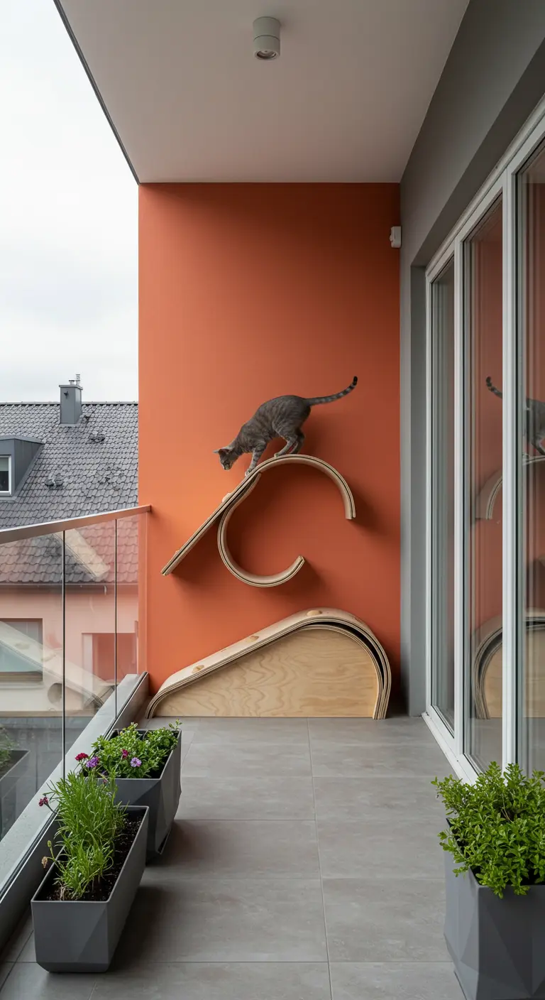 Kat klimt op een golvende, sculpturale houten constructie aan een oranje muur.