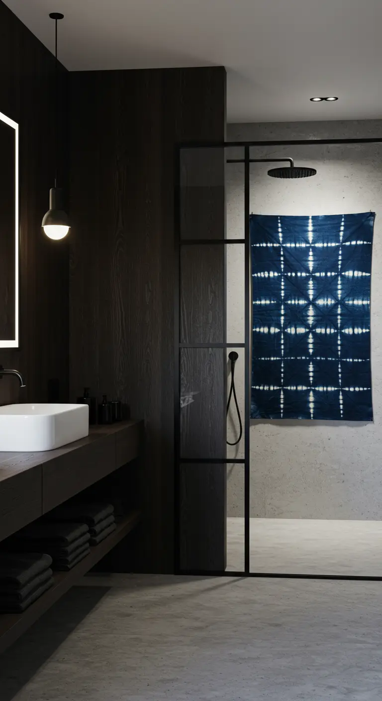 Minimalistische badkamer met betonnen vloer en een blauw Shibori wandkleed in de inloopdouche.