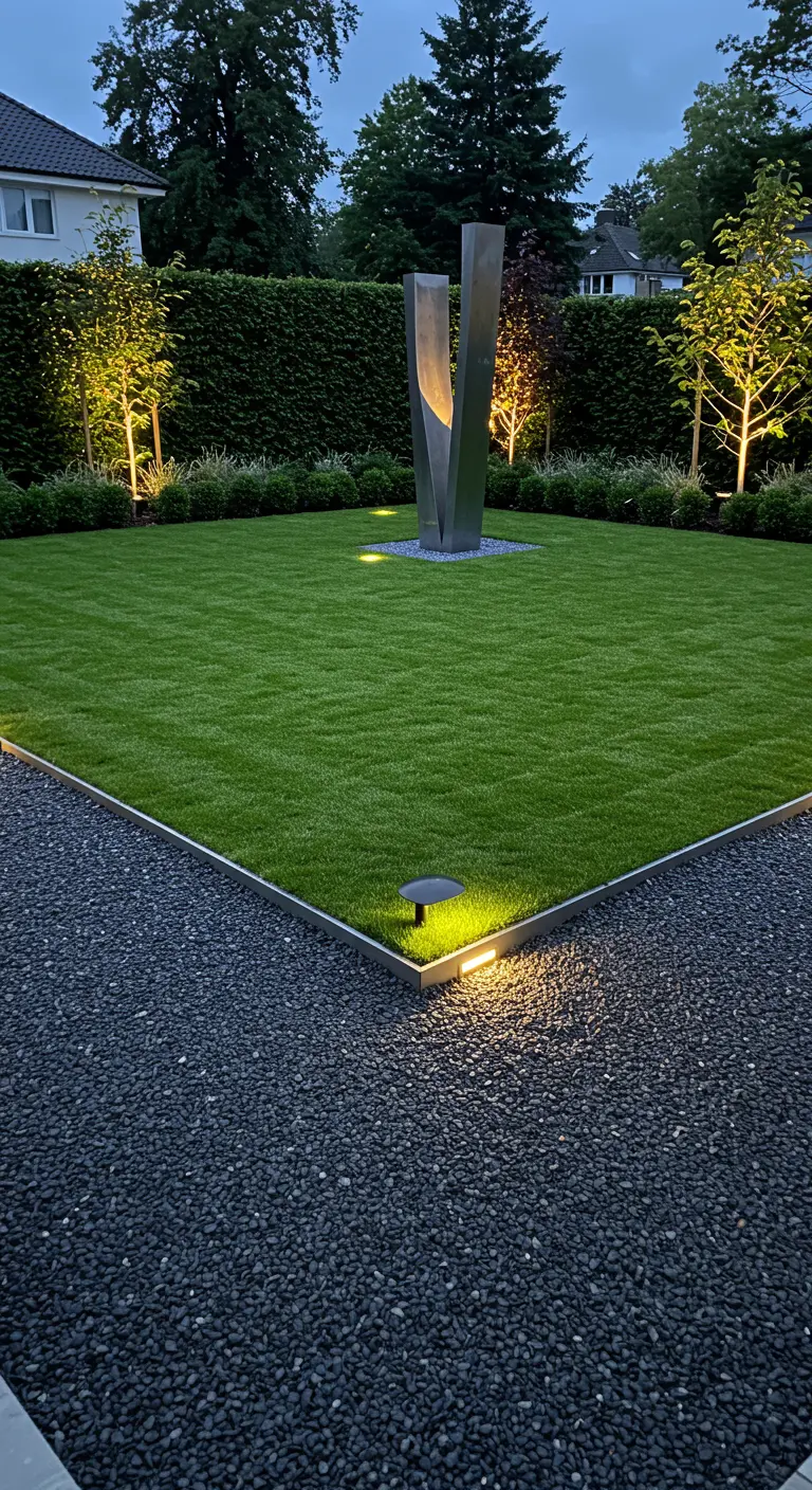 Strakke tuin met donker grindpad, een gazon en een verlicht modern beeld.