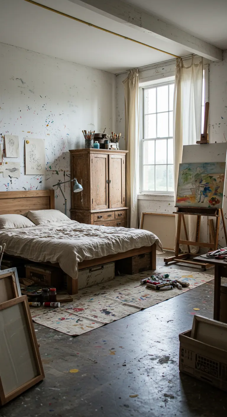 Artistieke slaapkamer met verfspatten, houten kast en schildersezel.