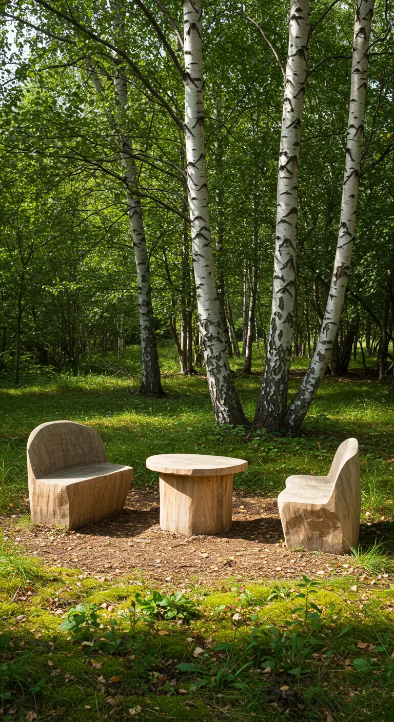 Sculpturale houten stoelen en tafel met organische vormen in een bos met berkenbomen.