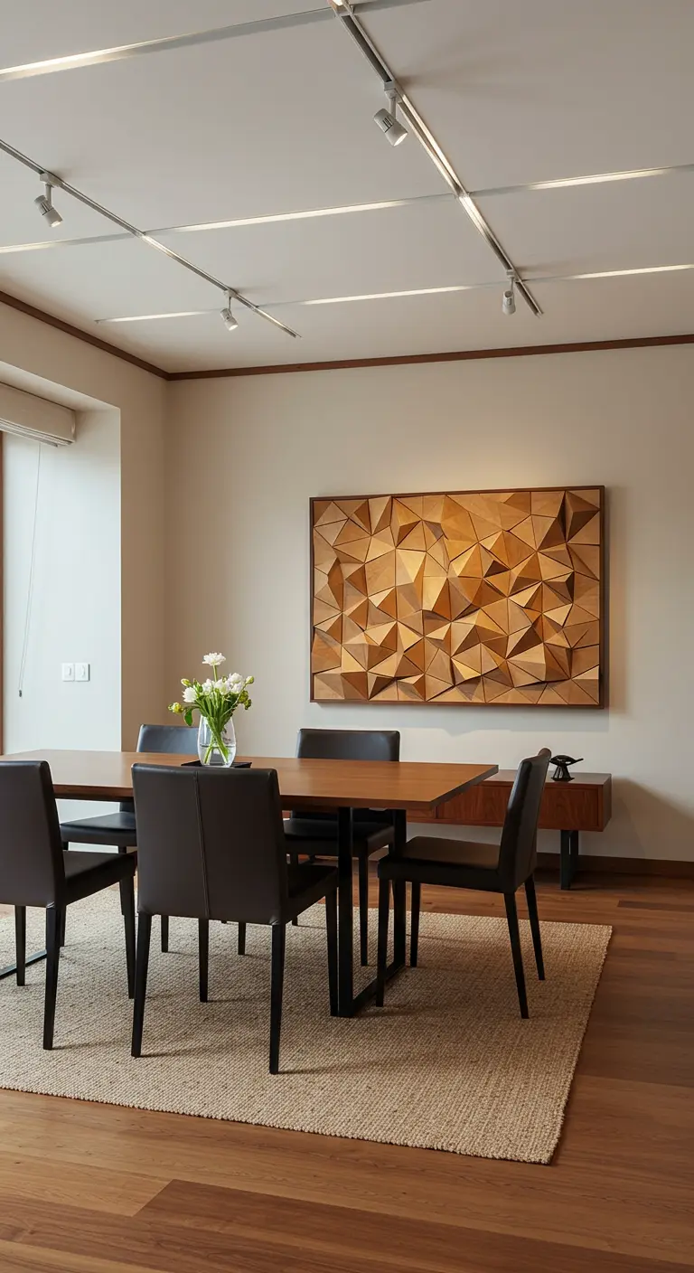 Moderne eetkamer met een groot, 3D houten kunstwerk aan de muur.