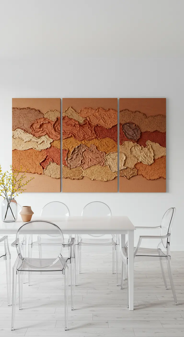 Witte eetkamer met een groot, driedelig kunstwerk in terracotta-tinten en transparante stoelen.