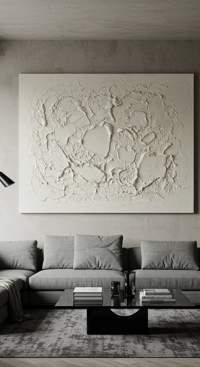 Grijze minimalistische woonkamer met een groot, wit 3D-structuurkunstwerk aan de muur.