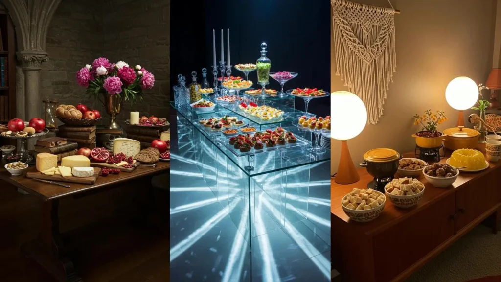 Drie artistieke buffetten als stillevens op tafel, met diverse gerechten en presentatiestijlen.