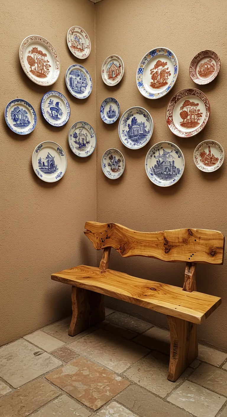 Verzameling vintage borden aan een beige muur boven een rustieke houten bank.