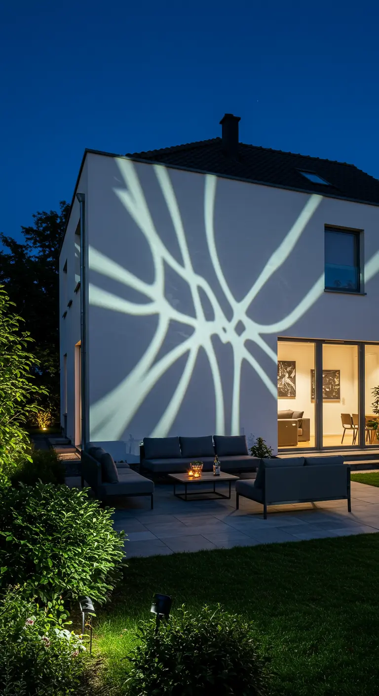 Abstract lichtpatroon geprojecteerd op de gevel van een modern huis in de avond.