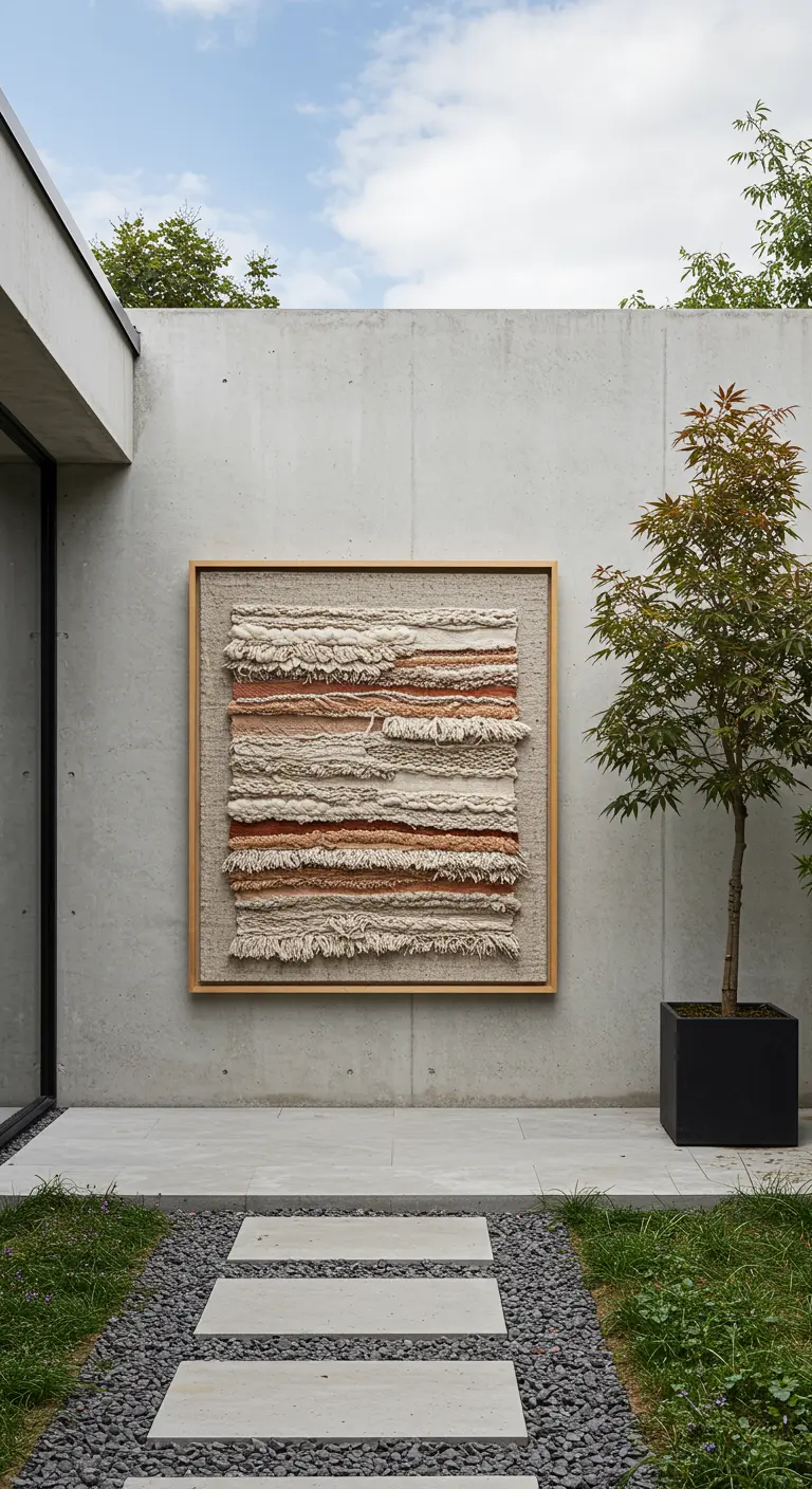 Abstract geweven wandkleed met aardetinten, ingelijst en hangend aan een betonnen buitenmuur.