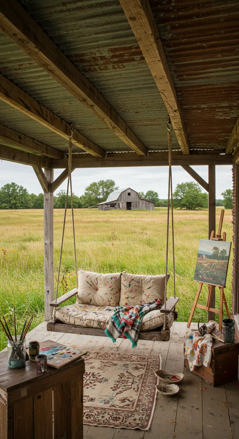 Rustieke schommelbank op veranda, kunstvoorraden, uitzicht op veld en schuur.