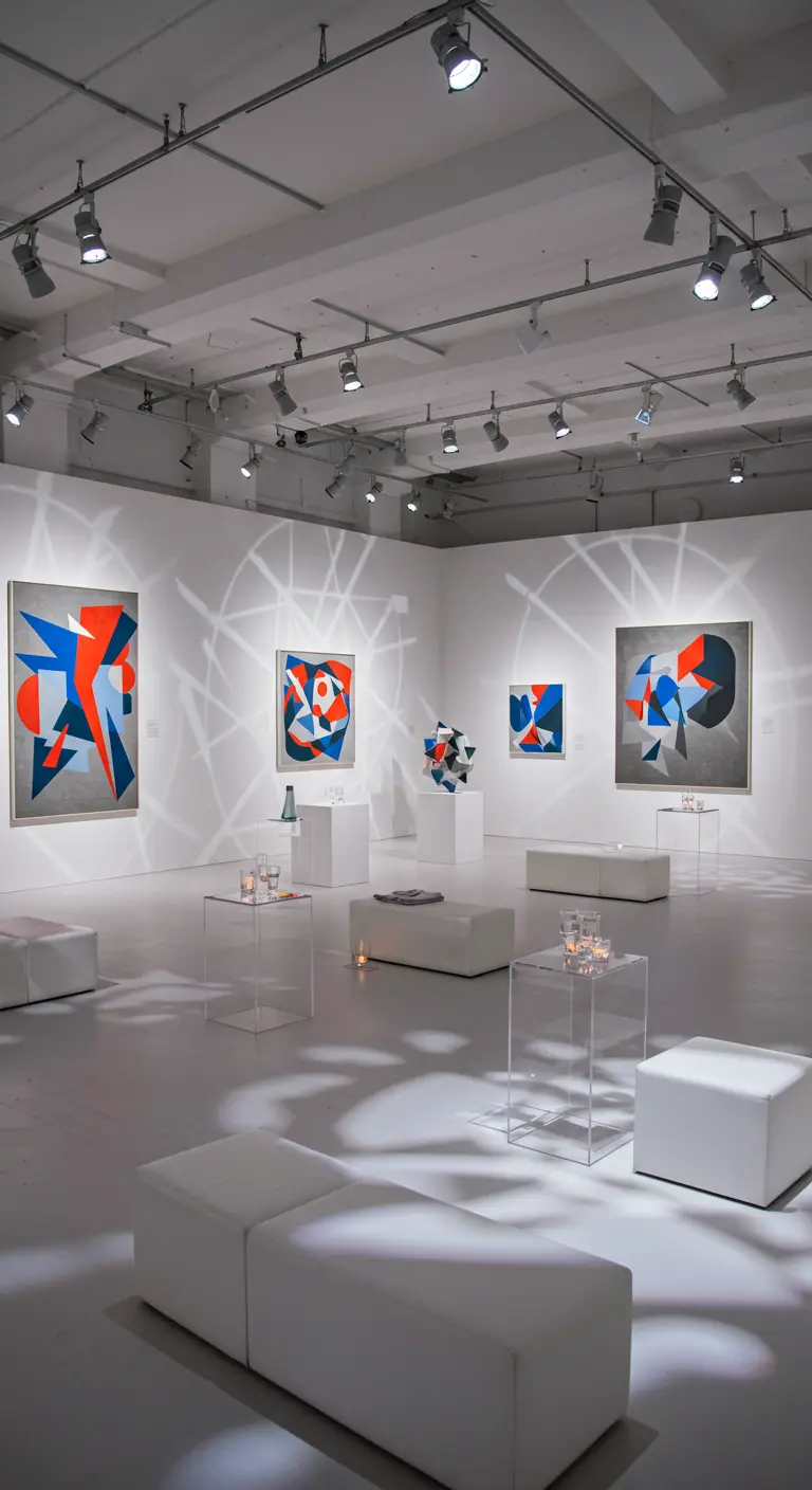 Witte galerie ruimte met abstracte geometrische kunstwerken aan de muren, minimalistische zitmeubels en acryltafeltjes.