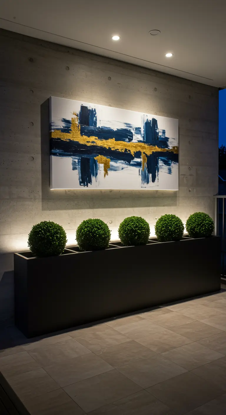 Abstract schilderij met blauw en goud, verlicht boven een strakke plantenbak.
