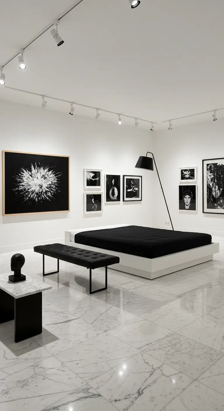 Witte slaapkamer ingericht als galerie met zwart-wit kunst, laag bed, marmeren tafel en spotverlichting.