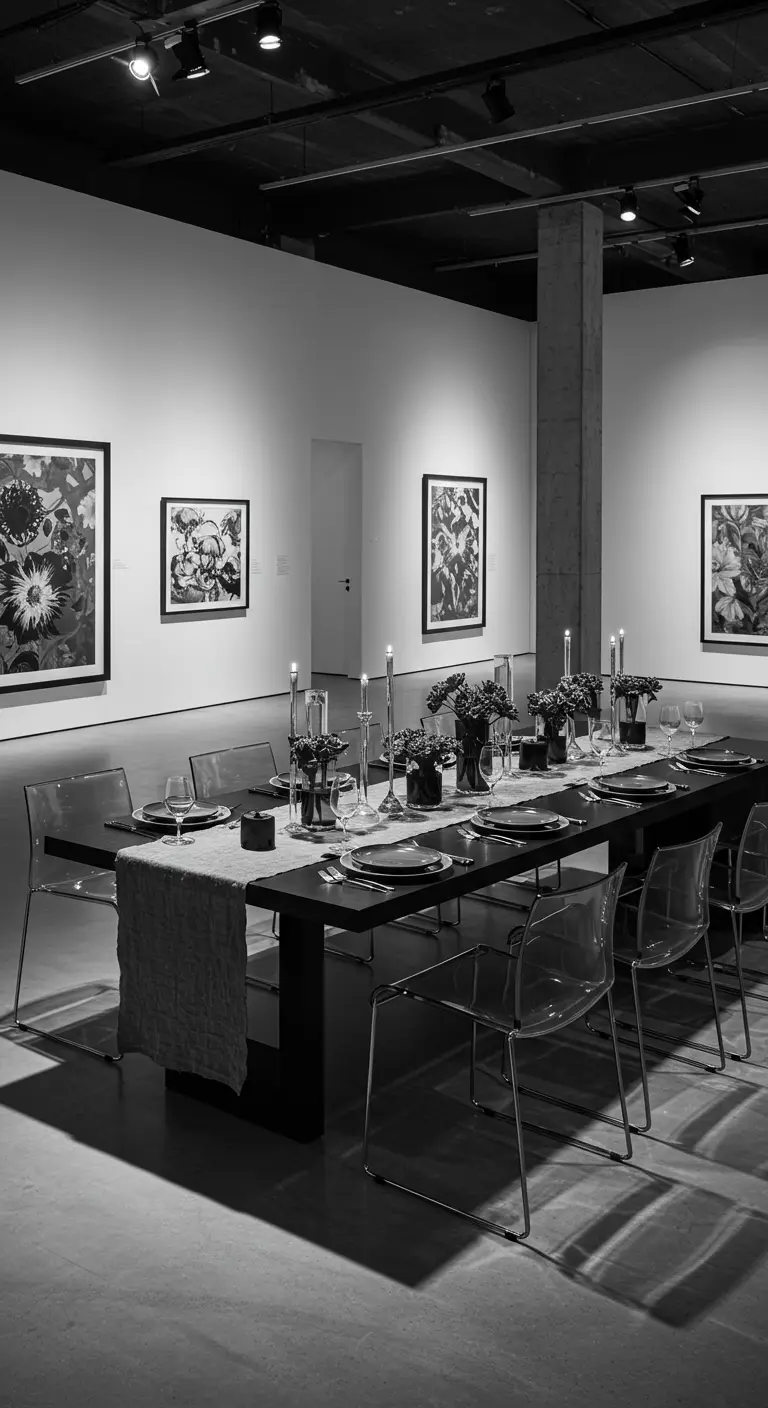 Strak gedekte tafel in een witte kunstgalerij met transparante stoelen.
