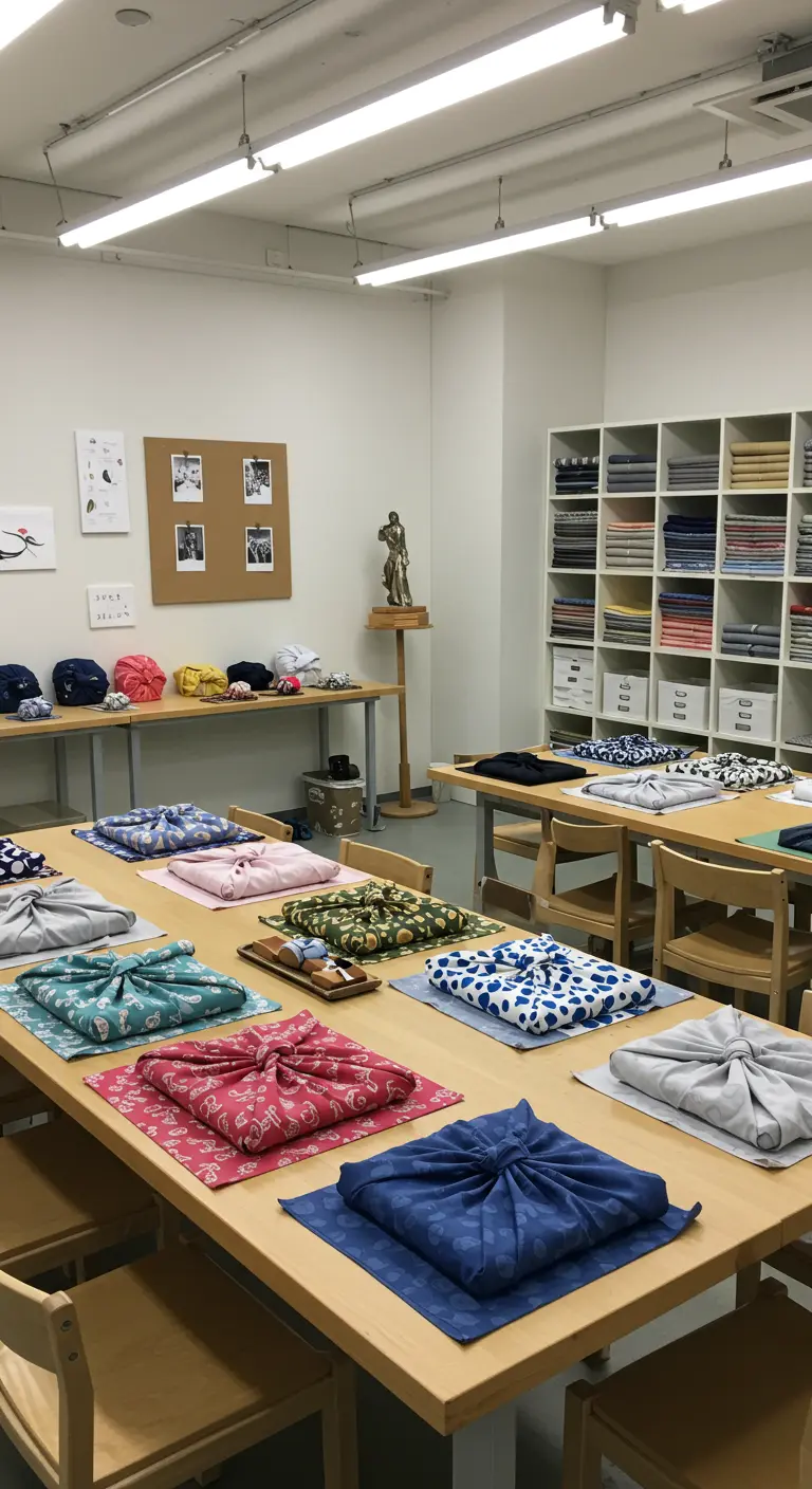 Tafels met kleurrijk ingepakte cadeaus volgens de Furoshiki-techniek.