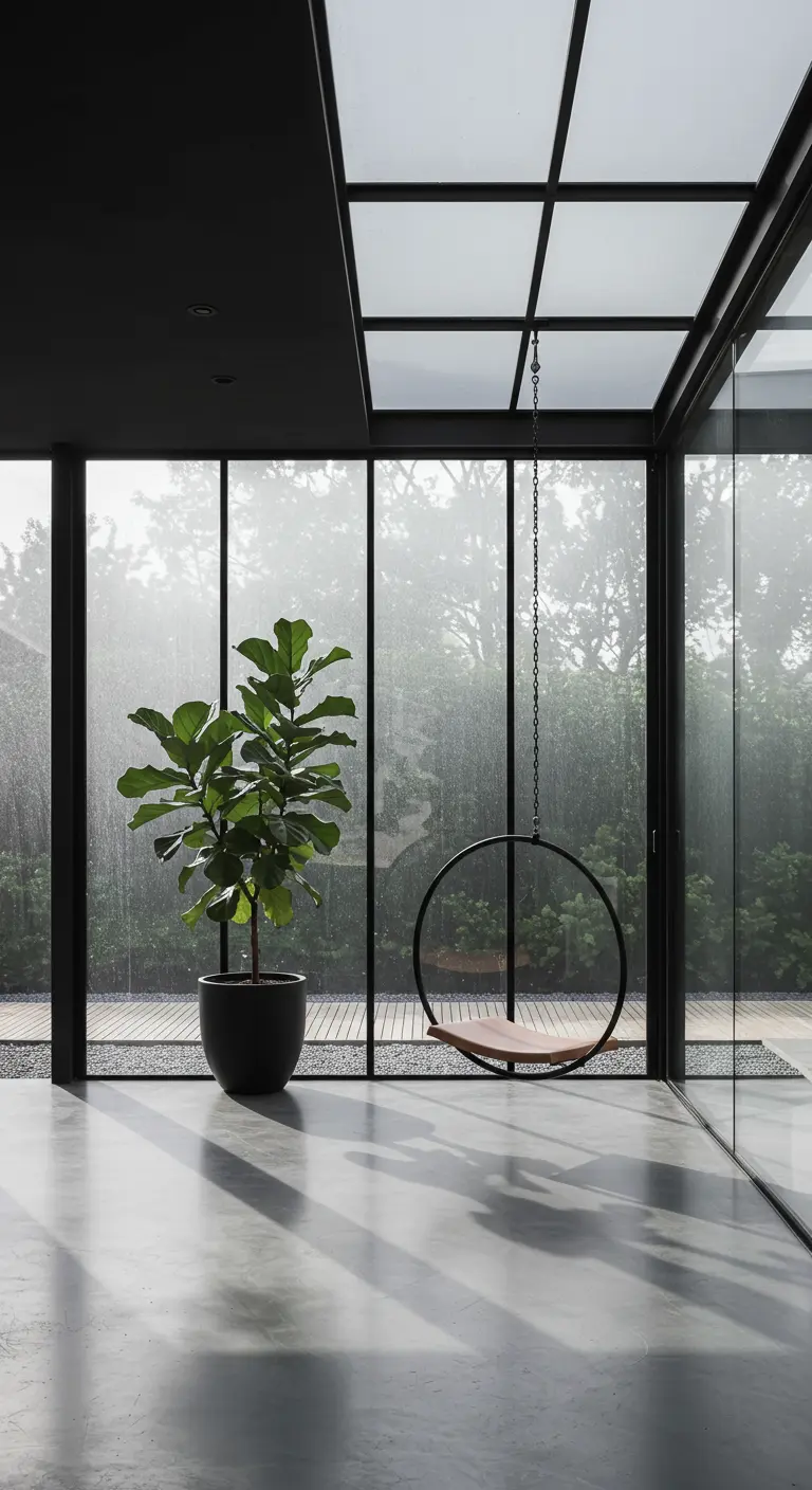 Moderne, ronde houten schommel hangend aan een ketting in een minimalistische serre met zwarte kozijnen.