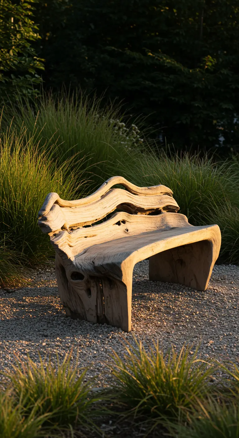 Organisch gevormde houten bank van drijfhout, als een kunstwerk in de tuin.