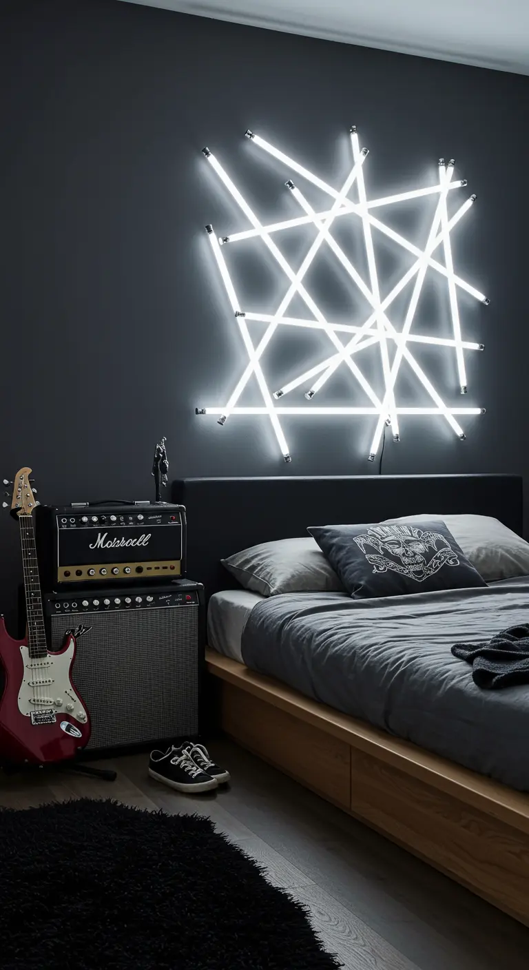 Stoere slaapkamer met een lichtkunstwerk van kriskras geplaatste TL-buizen boven het bed.