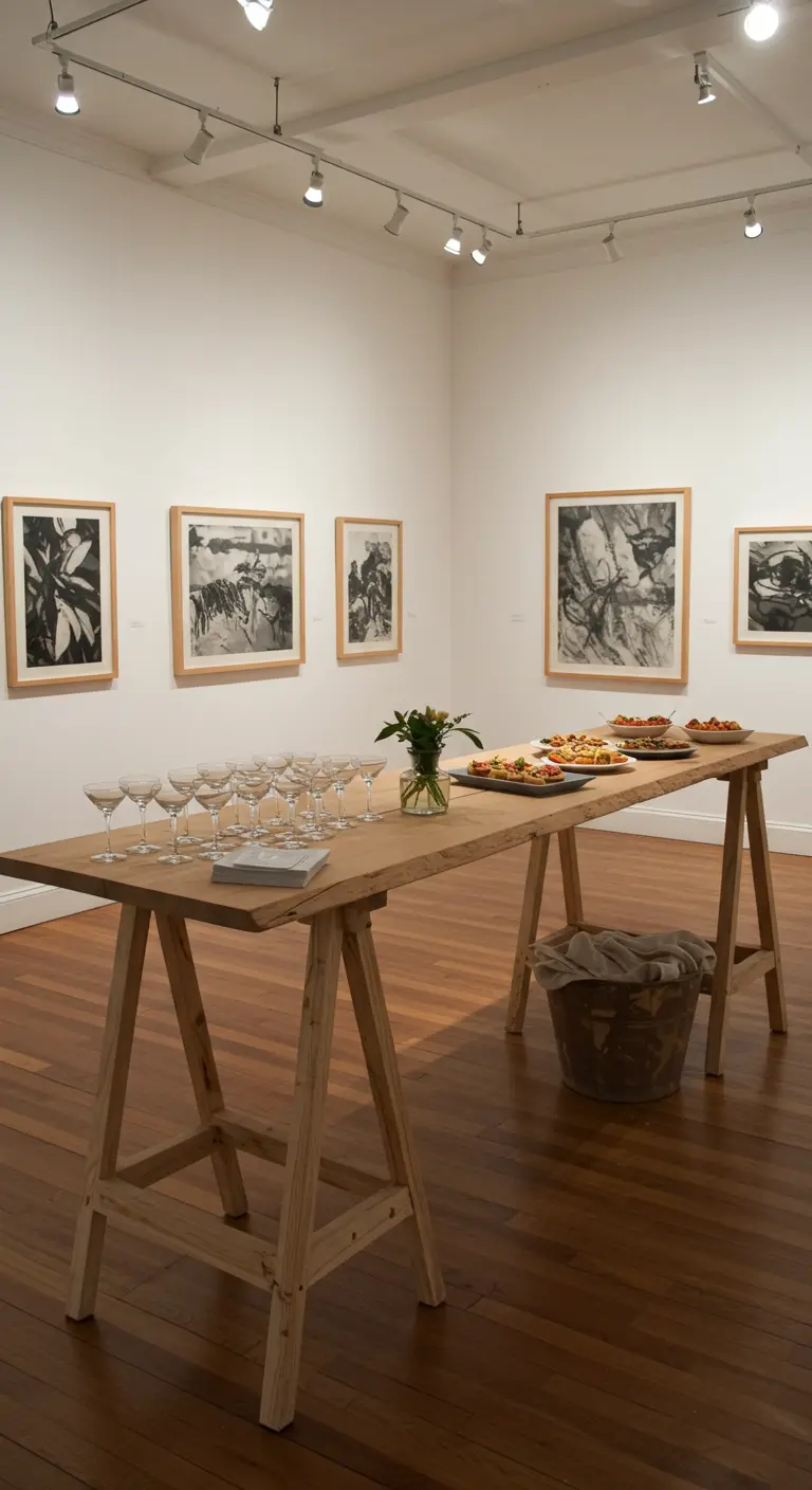 Houten buffettafel op schragen in een kunstgalerie, met glazen en hapjes.