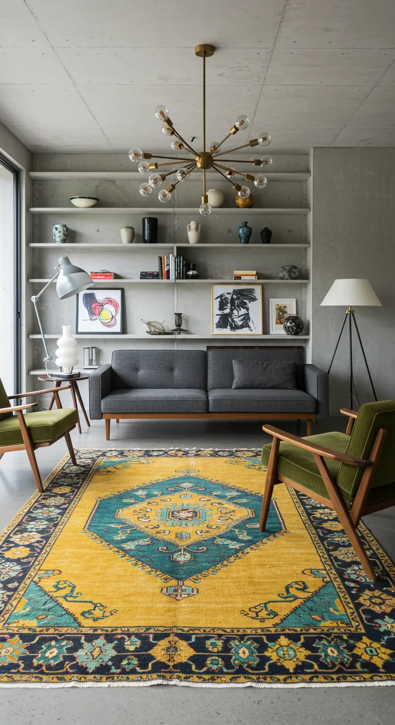 Moderne woonkamer met geel en blauw vintage tapijt, grijze bank en industriële lamp.