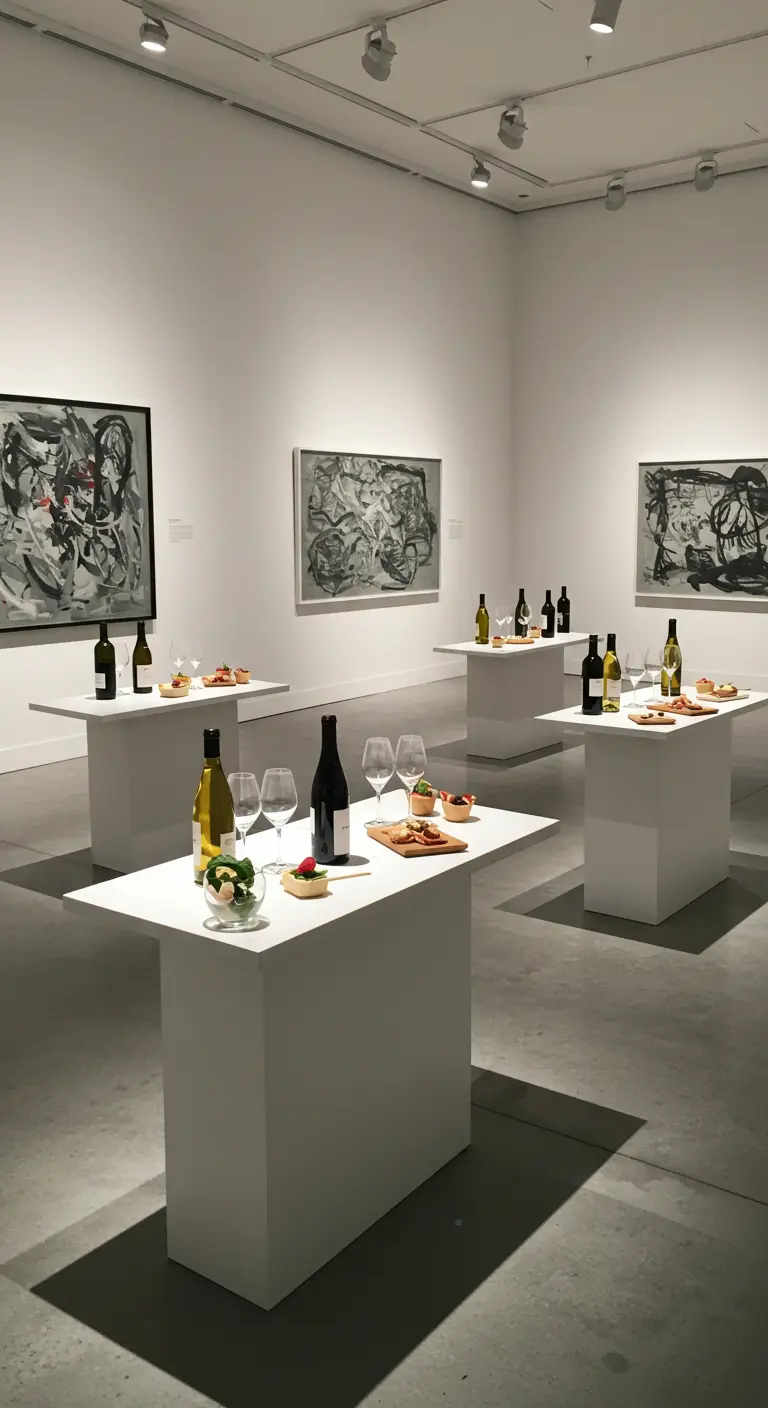 Kunstgalerij met witte sokkels, wijnflessen, hapjes en abstracte kunst aan de muren.