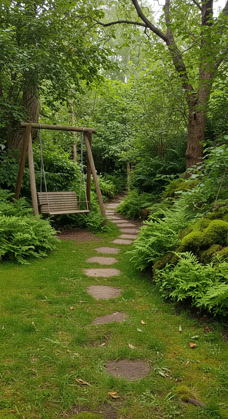 Houten plankenschommel omringd door varens, mos en houten sculpturen.