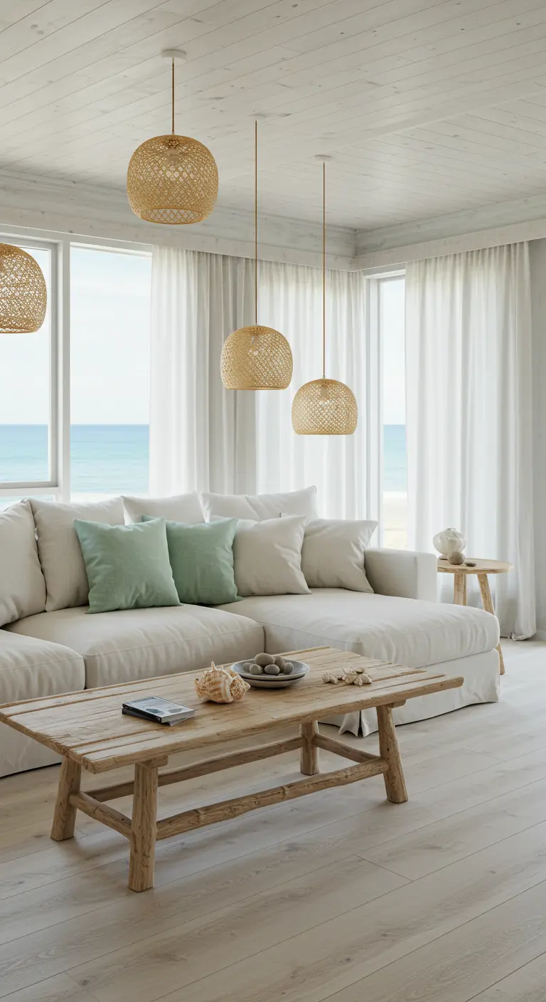 Lichte woonkamer met witte bank, zeegroene kussens en rotan hanglampen bij de zee