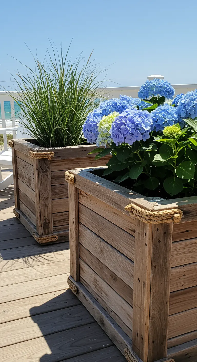 Verweerde houten plantenbakken met dikke touwdetails op een houten vlonder aan zee.