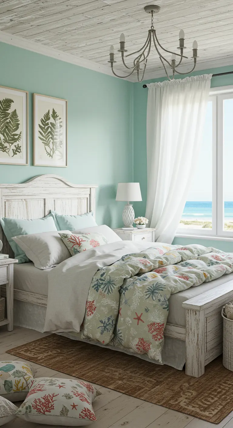 Strandstijl slaapkamer met mintgroene muren, wit verweerd houten bed en botanisch beddengoed.