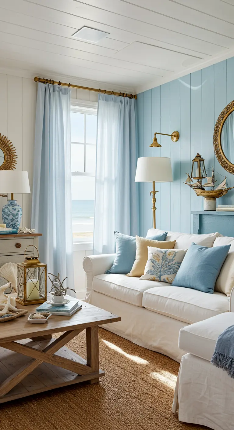 Kuststijl woonkamer met lichtblauwe muur, witte bank en gouden accenten.