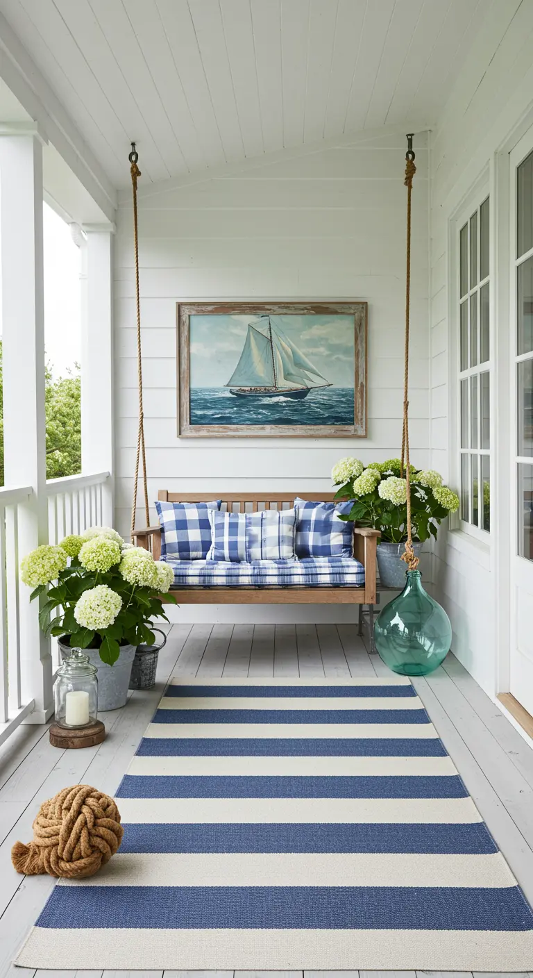 Witte veranda met schommelbank, blauw-wit textiel en een schilderij van een zeilboot.