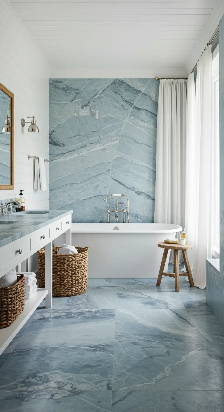 Kuststijl badkamer met lichtblauw marmer, witte houten wanden en rieten manden.