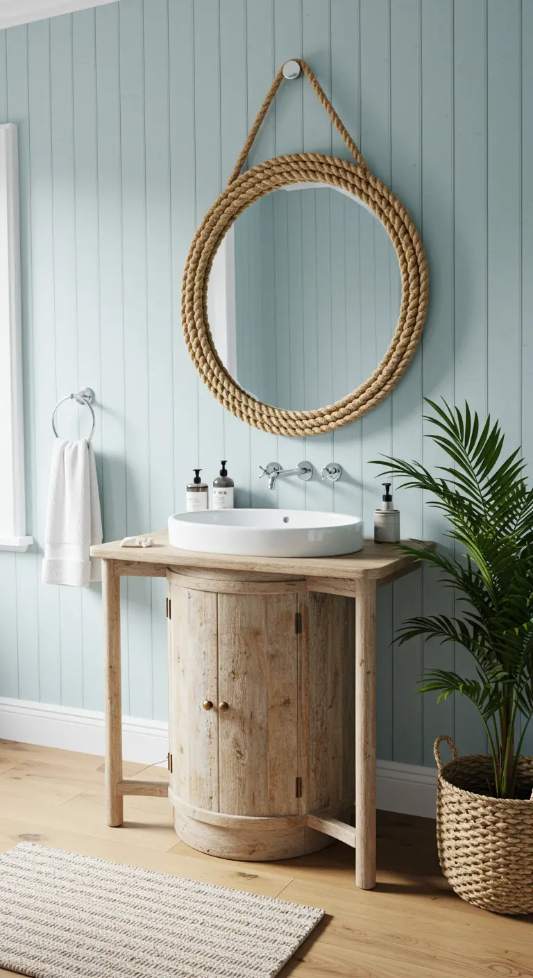 Badkamer met lichtblauwe houten lambrisering en een ronde spiegel met een frame van dik touw.