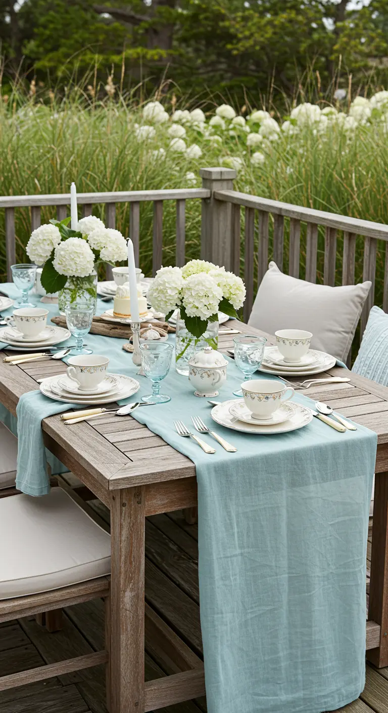 Houten tafel met lichtblauwe loper, wit servies en witte hortensia's in vazen.