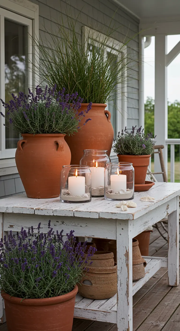Witte houten tafel met windlichten gevuld met zand, omringd door lavendel in potten.