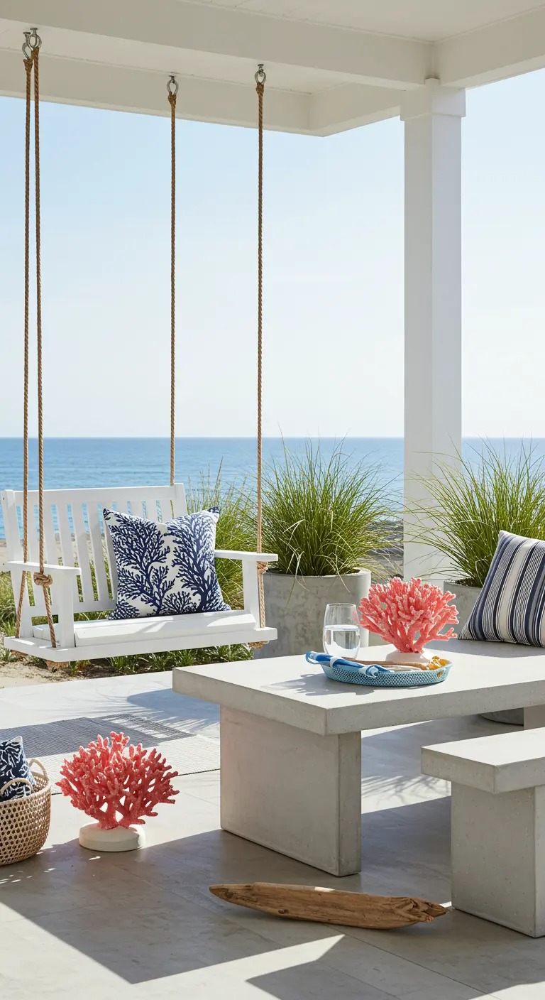 Wit geschilderde veranda met schommelbank, betonnen tafel, zeezicht en koraaldecoraties.