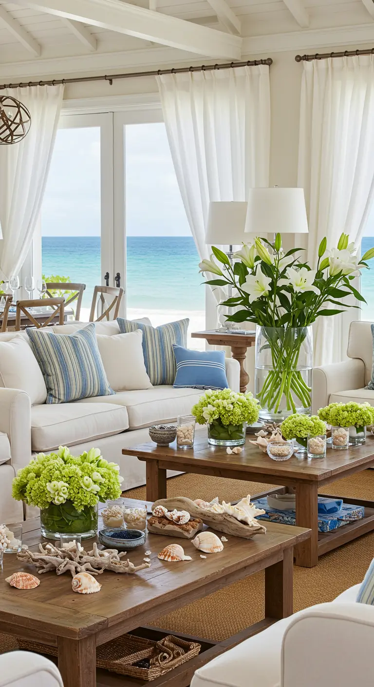 Kust-thema woonkamer met witte en blauwe meubels, schelpen en verse bloemen.
