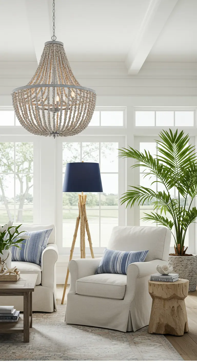 Lichte, landelijke woonkamer met kralen kroonluchter en een lamp met blauwe kap.