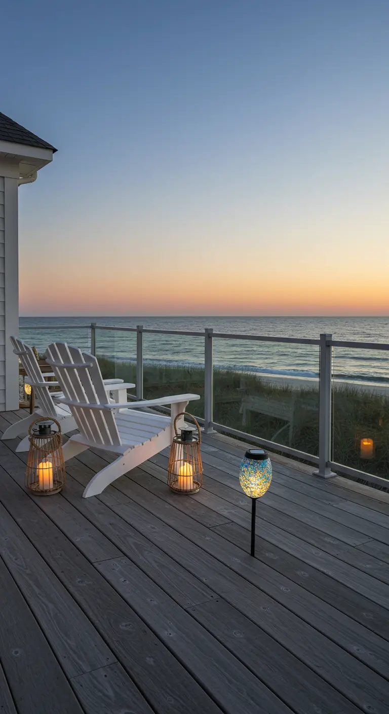 Houten terras met uitzicht op zee, met twee Adirondack-stoelen en rotan lantaarns.