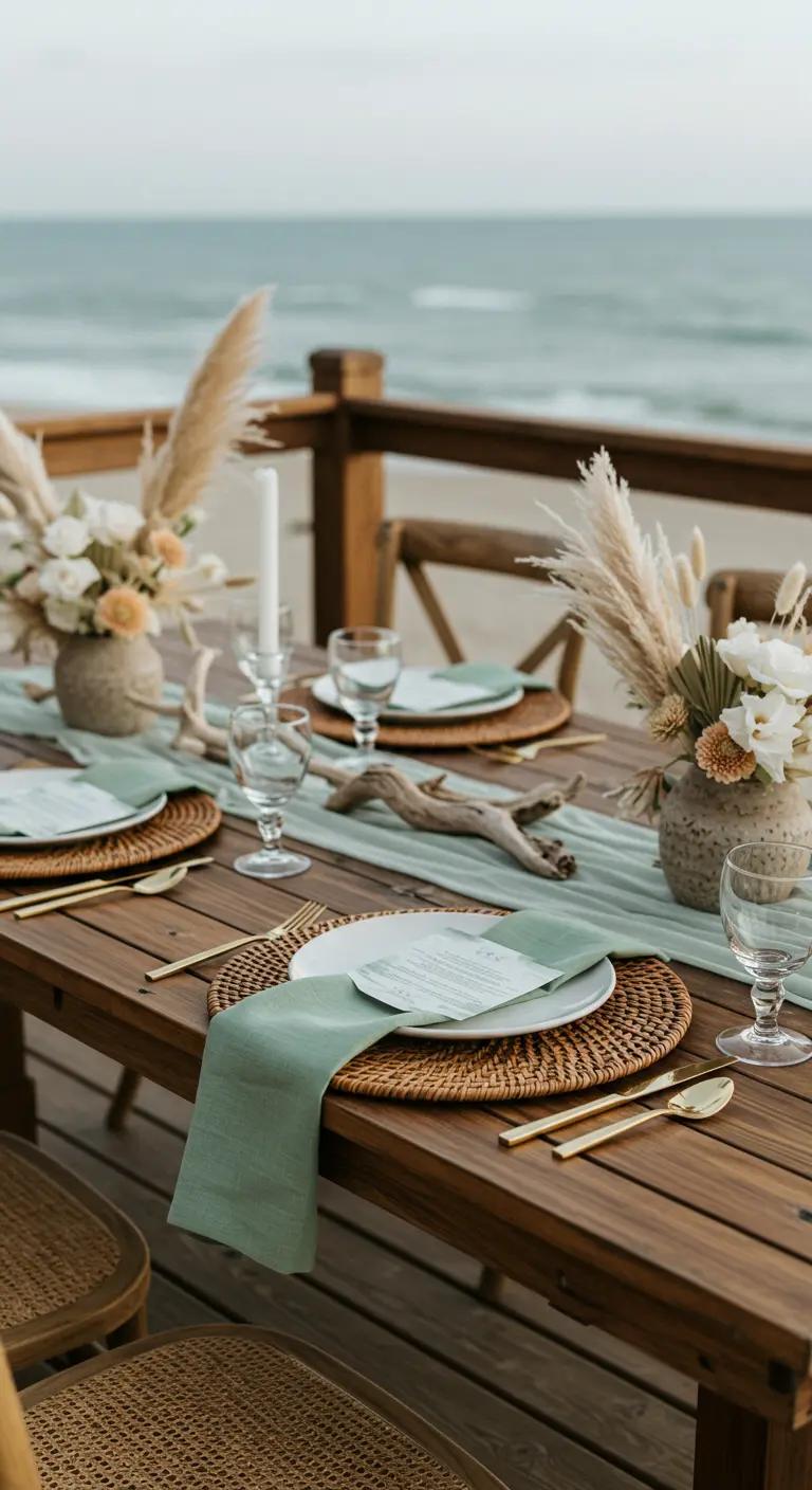 Tafelsetting aan zee met pampasgras, drijfhout, rotan placemats en zeegroene servetten.