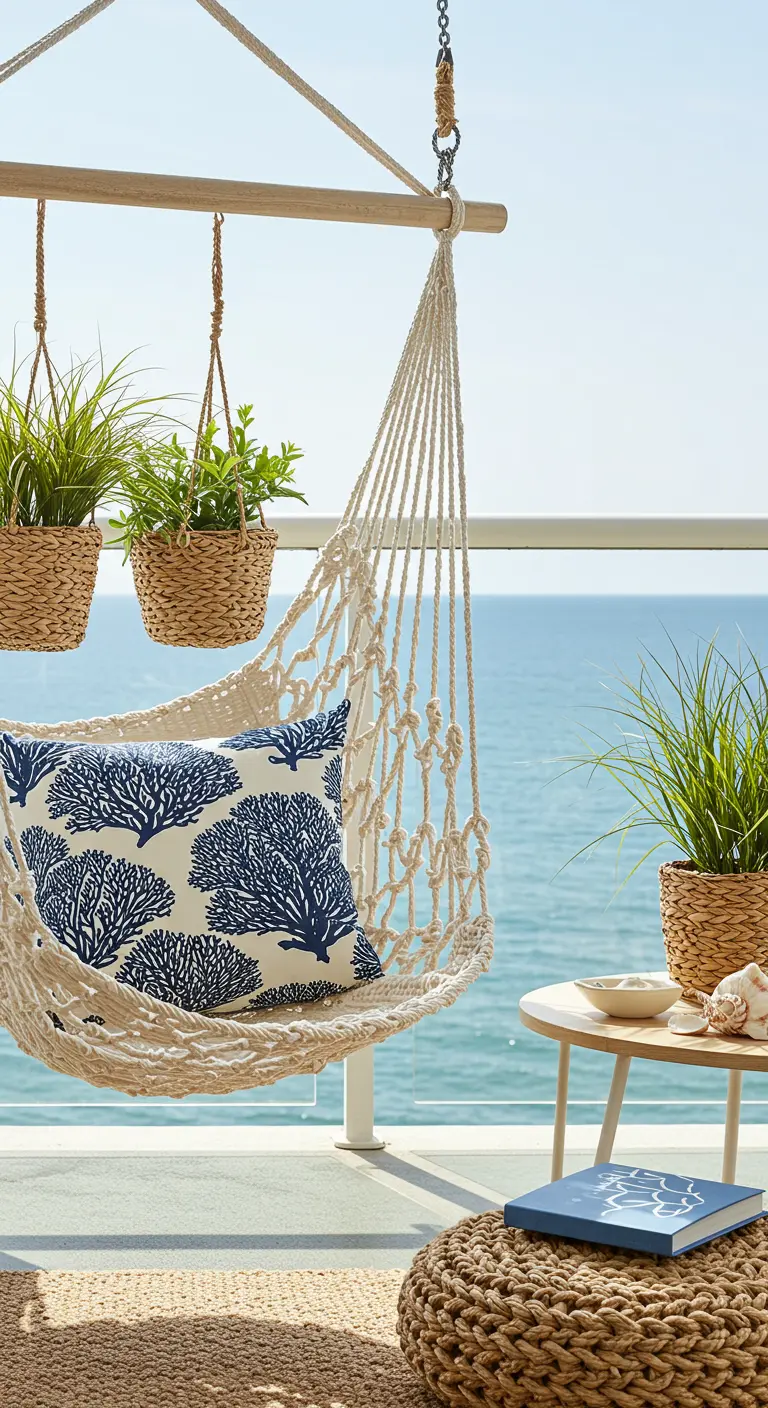 Macramé hangstoel met een blauw-wit koraalpatroon kussen, met uitzicht op zee.